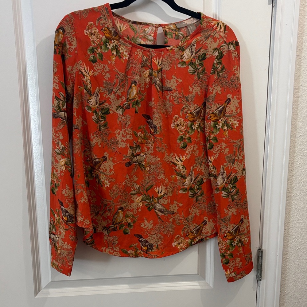 Forever 21 Orange Floral & Bird Print Long Sleeve Blouse
